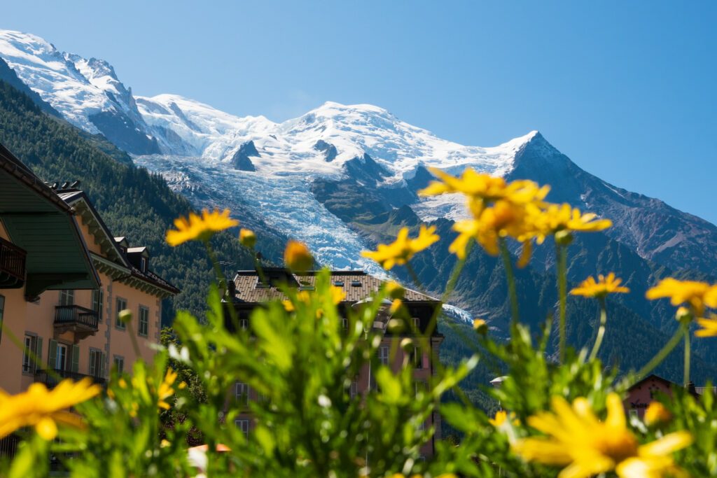 Chamonix-Mont-Blanc, Frankreich. Schöne alpine Landschaft mit Schnee bedeckt Mont Blanc Berg im Sommer durch gelbe Blumen auf dem Balkon eines Chalets. Haute-Savoie entspannender Urlaubshintergrund.